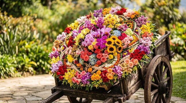 Massive intricately woven silleta flower arrangement bursting with colorful orchids and sunflowers rests on a rustic wooden festive cart.