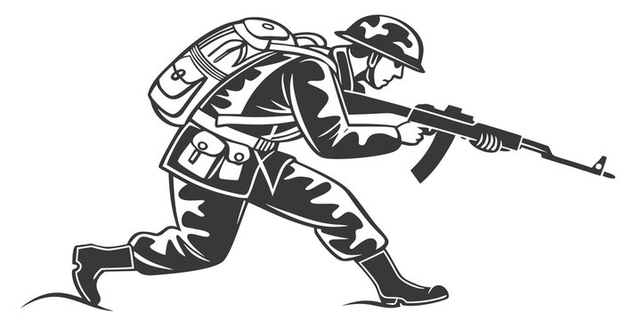 soldier in combat gear running and aiming a rifle Vector