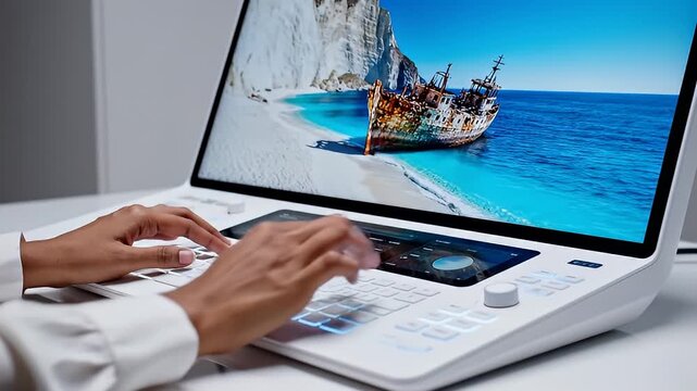 Person Using Laptop with Shipping Scene.