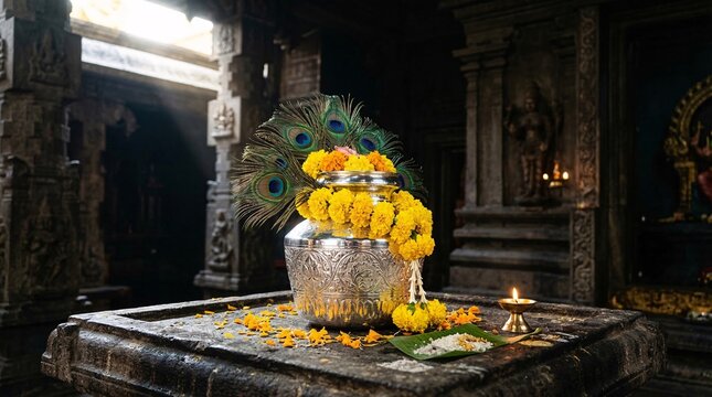 Highly polished silver paal kudam milk pot adorned with yellow marigolds and peacock feathers rests on a sacred stone Thaipusam altar.