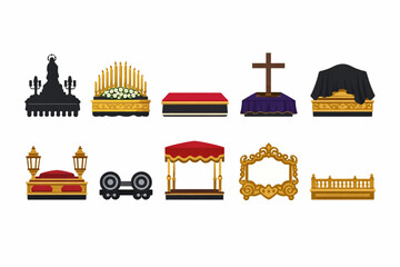 Naklejka premium Holy Procession Float Icon Set – Candles, Crosses, and Decorative Platforms Flat Design