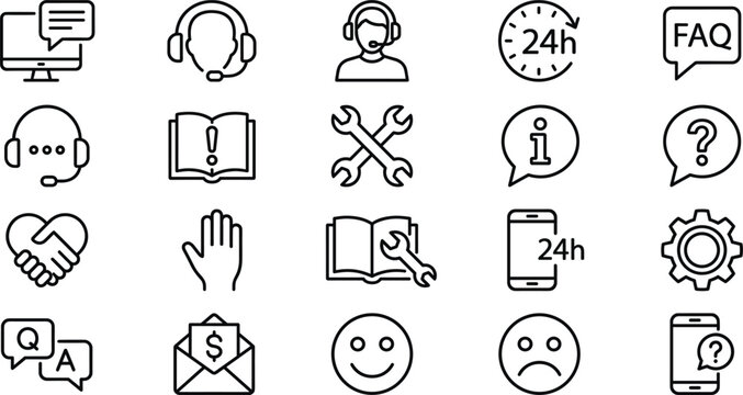 Customer support and help service line icon set featuring headset FAQ information chat assistance troubleshooting and communication symbols
