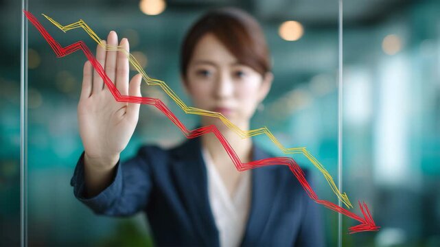女性が下落グラフを指し示すビジネスシーン