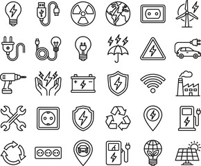 Electricity energy and power line icon set featuring plug battery lightning solar panel wind turbine and charging symbols