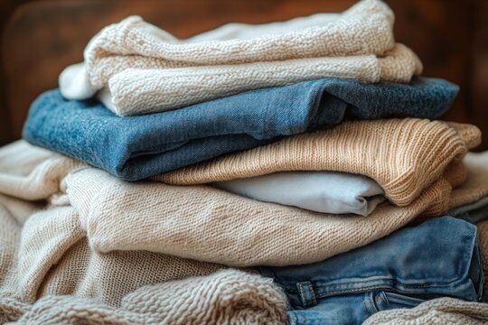 stack of folded knit sweaters and blue denim jeans in neutral tones, soft textured fabrics conveying cozy comforting home warmth