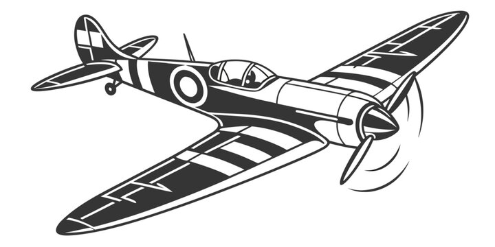 a black and white vintage propeller plane flying Vector