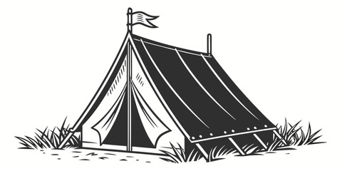 a black and white drawing of a tent in a grassy field Vector © Maisa