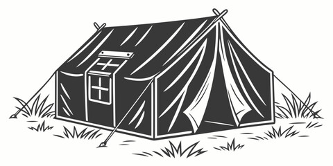 a black and white drawing of a tent in a field Vector © Maisa