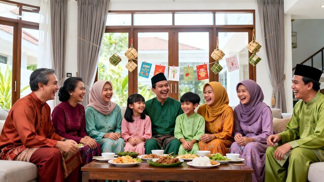 The atmosphere of an extended family gathering celebrating Hari Raya Aidilfitri with great joy.
