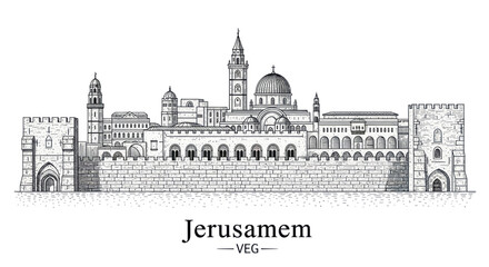 Obraz premium Jerusalem Old City Skyline Sketch - Ancient Architecture and Landmarks