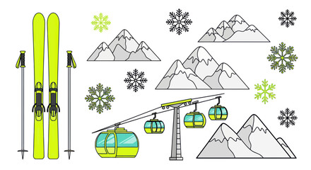 Skiing Equipment, Gondola Lift, Snowflakes and Mountains - Winter Sports Scene © Salon