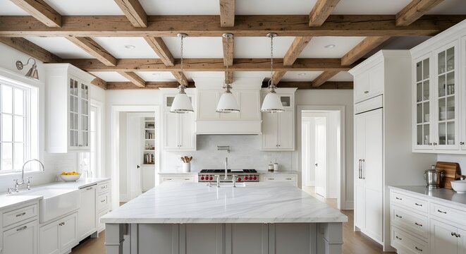 Elegant White Kitchen Interior with Marble Countertop and Rustic Wood Beams