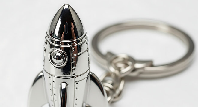 Shiny silver rocket keychain a miniature spacecraft ready for adventure and travel a symbol of space exploration.