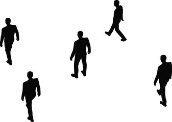 Black silhouettes of businessmen walking in different directions isolated on white background set for architectural visualization and design