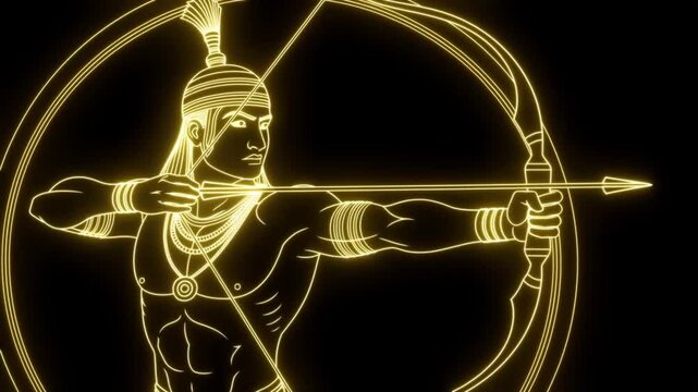 Golden neon outline of lord rama holding bow and arrow for rama puja and ram navami and dussehra festivals on black background depicting ancient ... 