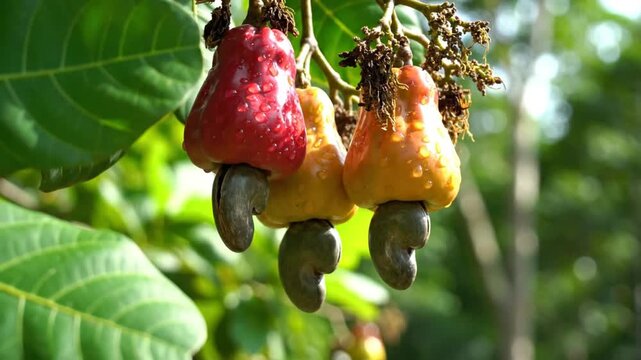 Ripe cashews hanging from a tree branch with colorful cashew apples glistening with fresh water drops in the sunshine