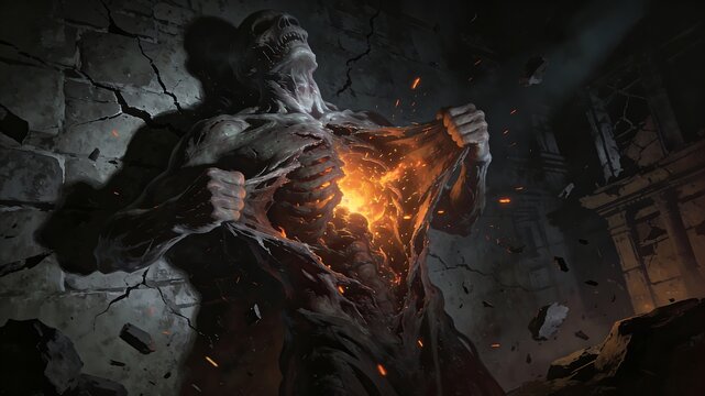 Zombie Creature with Glowing Torso in Ancient Ruins