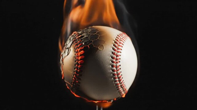 Burning baseball in dramatic slow motion with fire and smoke against a black background showing the leather cracking