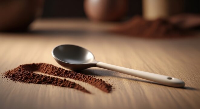 A perfectly crafted ceramic coffee spoon resting beside a pile of rich cocoa powder on a warm wooden surface