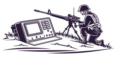 soldier sitting next to a machine gun and television Vector