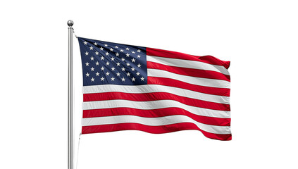 Fototapeta premium Vibrant national flag, with its distinctive pattern of stars and stripes, proudly waving on a flagpole against a bright white background, symbolizing freedom and heritage