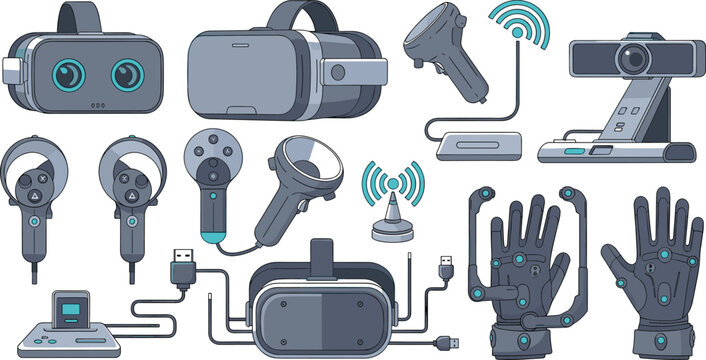 Virtual reality hardware devices set with VR headset, motion controllers, tracking sensors, camera and haptic gloves technology vector illustration