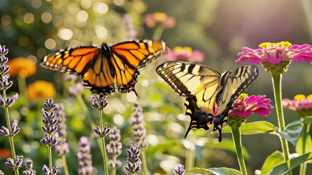 Monarch Butterfly and Eastern Tiger Swallowtail Flitting Among Blooming Lavender and Pink Zinnia Flowers in Garden