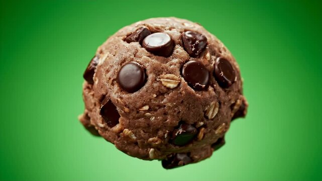 Chocolate Protein Cookie Dough Scoop With Dark Chocolate Chips And Oats Isolated Against A Vibrant Green Background Macro Shot Cinematic Lighting