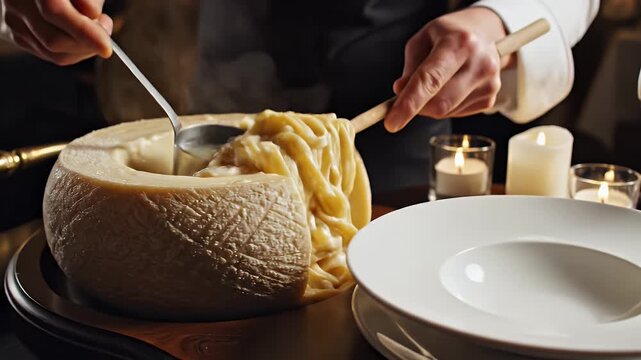 Close Up of Chef Hands Mixing Freshly Cooked Tonnarello Cacio e Pepe Pasta Inside a Large Grana Padano Cheese Wheel with Soft Candlelight Warm Glow
