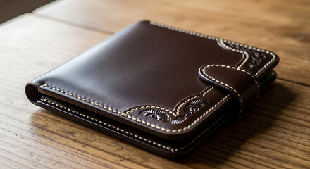 Elegant brown leather wallet with intricate stitching on wooden surface close-up shot.