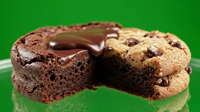 Decadent Brookie Dessert Fusion Chocolate Cookie and Brownie with Rich Chocolate Sauce on a Reflective Surface with Vibrant Green Background Macro Studio Lighting