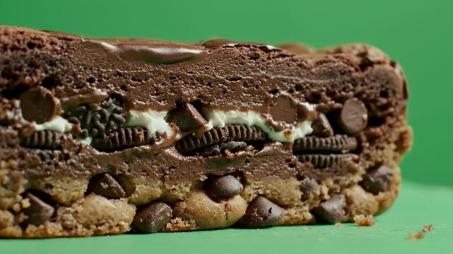 Decadent Layered Chocolate Cookie Brownie Bar With Cream Filling And Chocolate Chips Against A Vibrant Green Studio Background