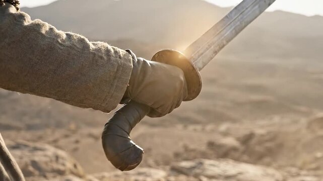 Closeup of hand gripping ancient sword in desert landscape with ready for battle.