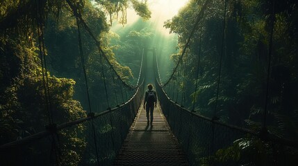 Fototapeta premium solitary hiker with backpack crossing a misty suspension footbridge through a sunlit tropical rainforest, mood of adventure and wonder