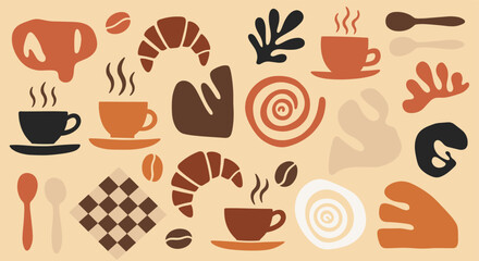 Abstract coffee and bakery elements pattern on beige background