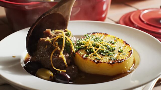 Rich Beef Daube Proven?ale Slow Cooked with Olives Served with Golden Polenta Round and Garnish of Herbs and Orange Zest in Dramatic Lighting