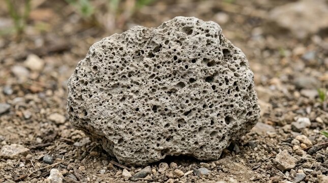 Close-up view of a vesicular tuff rock sample showcasing its porous, fine-grained texture