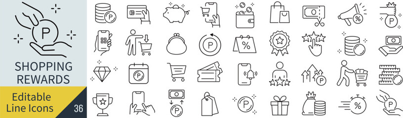 Fototapeta premium 線の編集ができる買物特典に関するアイコンセット（アウトライン化していない） 