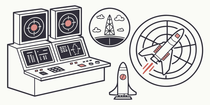 a rocket launch control panel with a rocket and trajectory display Vector