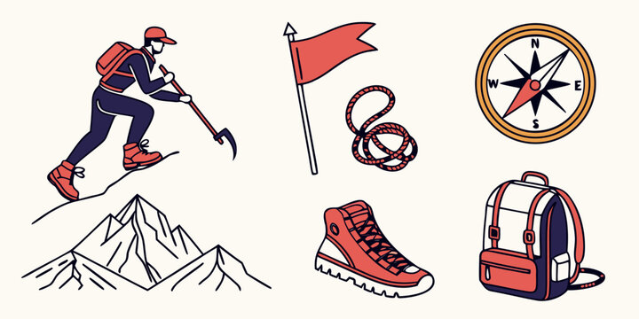 a set of hiking and climbing equipment icons Vector