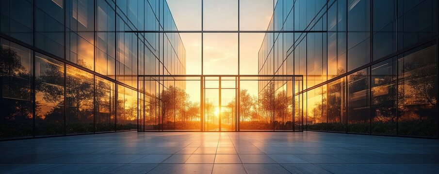 Sunlit modern glass building atrium with reflective facades, empty tiled floor and warm golden hour glow conveying calm and serenity