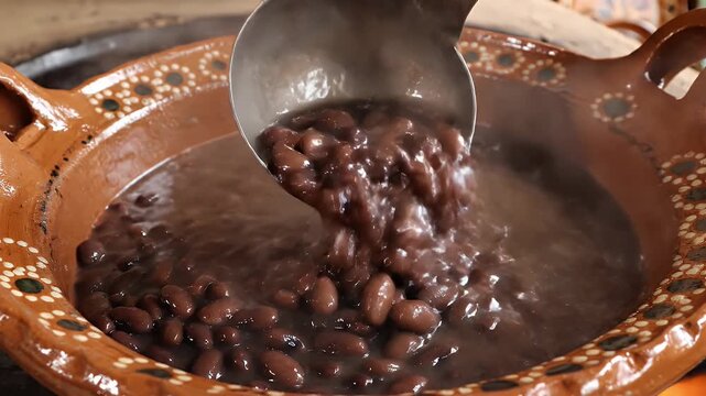 Traditional Mexican Frijoles De Olla Slow Cooked In Rustic Clay Pot With Toppings Of Cheese And Jalapenos Close Up Shot