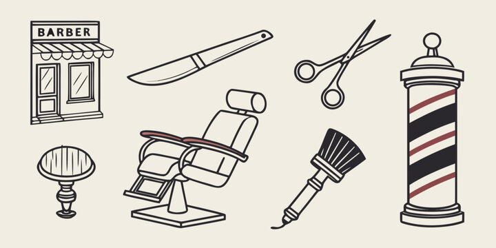 a collection of barber shop tools and furniture Vector