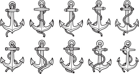 Various intricate designs of anchors displayed in a grid pattern. Vector © Runa