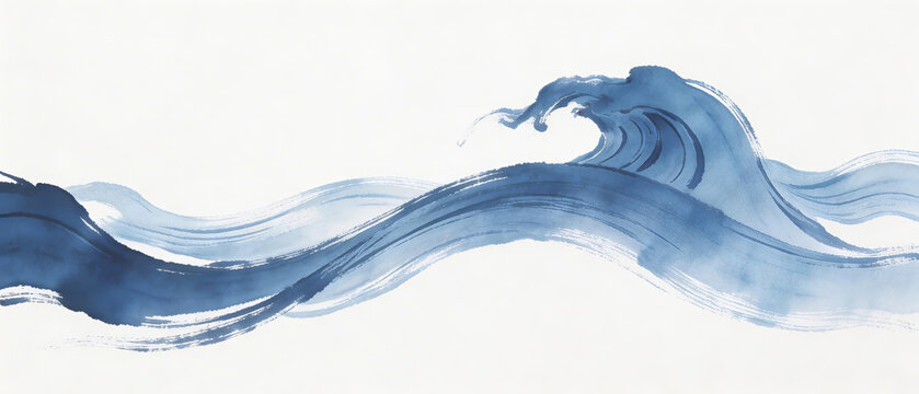 Abstract blue ink wave illustration with fluid brush strokes, minimalist style on white background. Represents art, design, and traditional ink wash painting aesthetics.