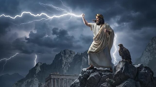 Zeus Ancient Greek God of Thunder with Lightning, Power, and and Olympus.
