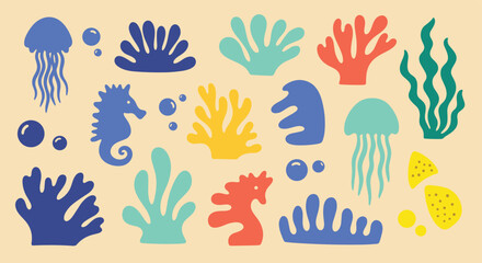 Fototapeta premium Colorful Underwater Sea Life Elements Set