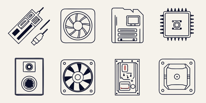 computer hardware components icons Vector