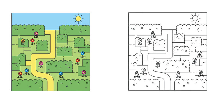 Garden maze puzzle with flowers for children coloring page illustration