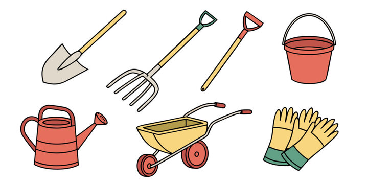 a set of gardening tools and equipment Vector